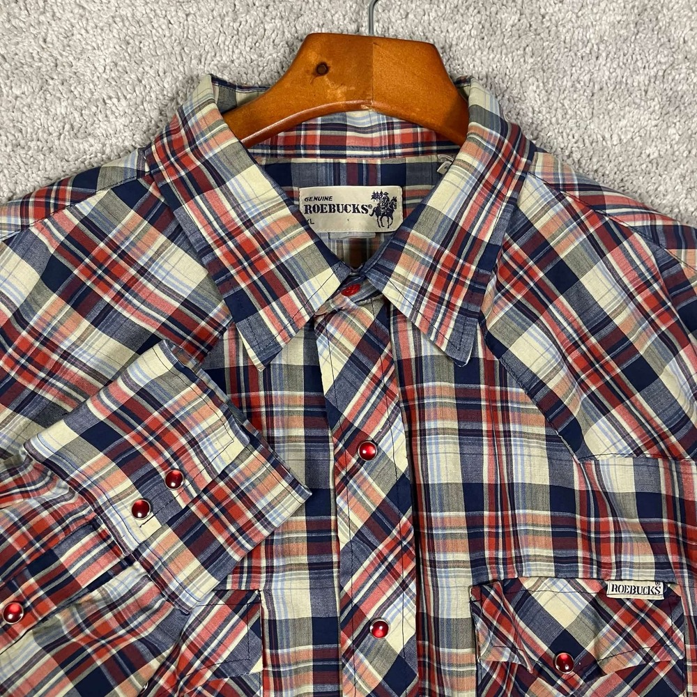 VTG 80s Roebucks Mens XL Western Pearl Snap Plaid Long Sleeve Shirt Red Blue